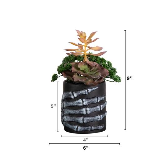 9" Artificial Halloween Succulent Garden in Skeleton Hand Planter